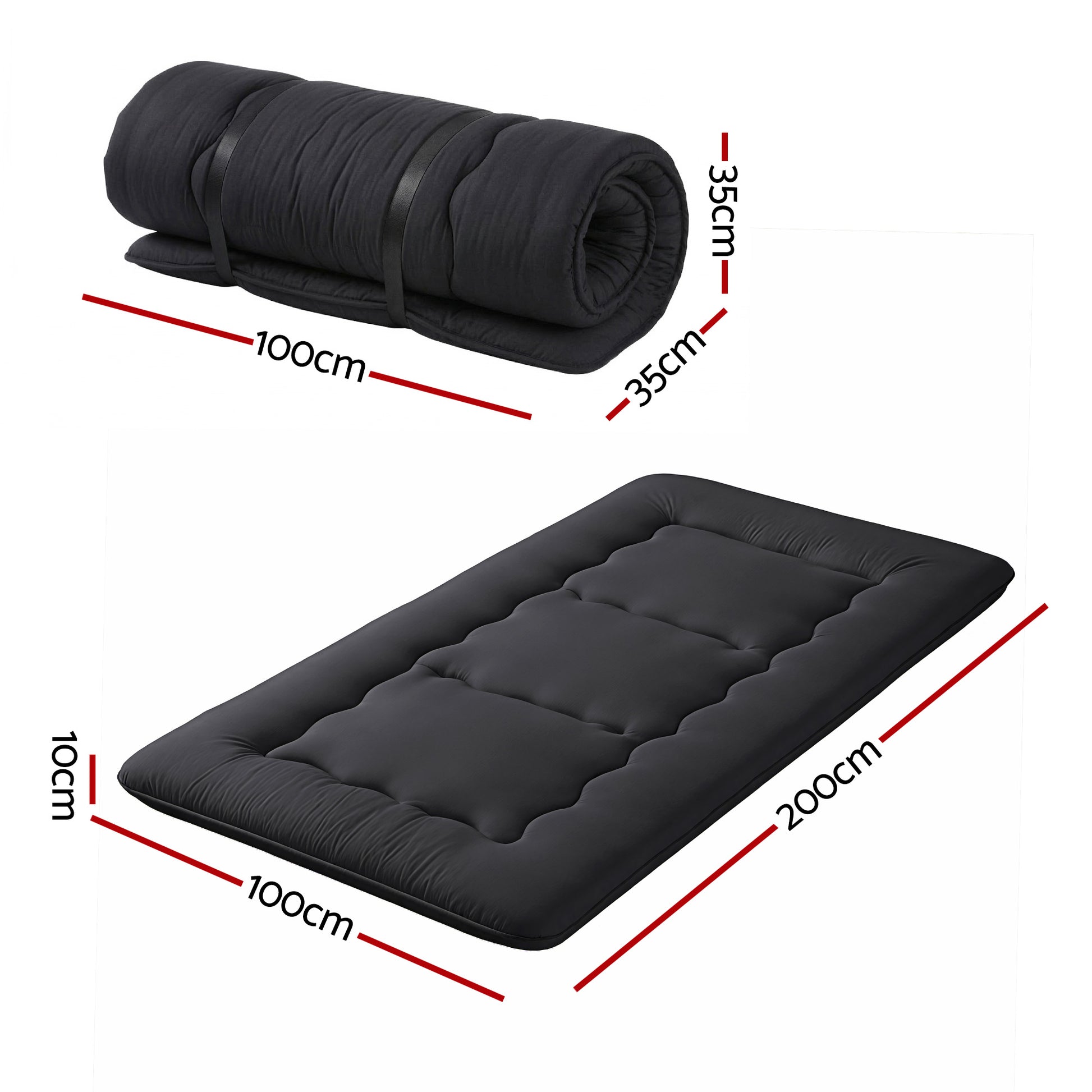 Giselle Bedding 10cm Japanese Floor Mattress Foldable Futon Mattress Washable Cover Straps FM-FUTON-100-10-BK