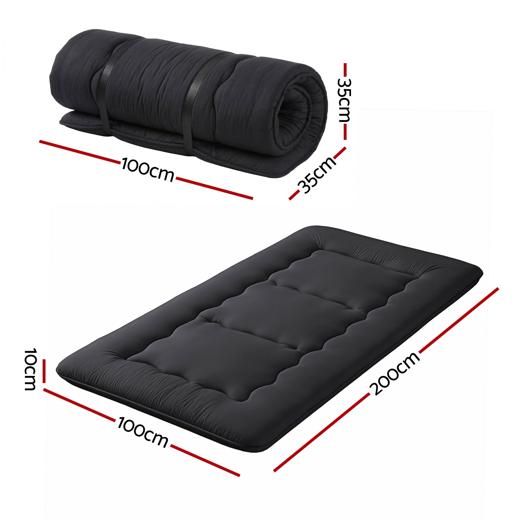 Giselle Bedding 10cm Japanese Floor Mattress Foldable Futon Mattress Washable Cover Straps FM-FUTON-100-10-BK