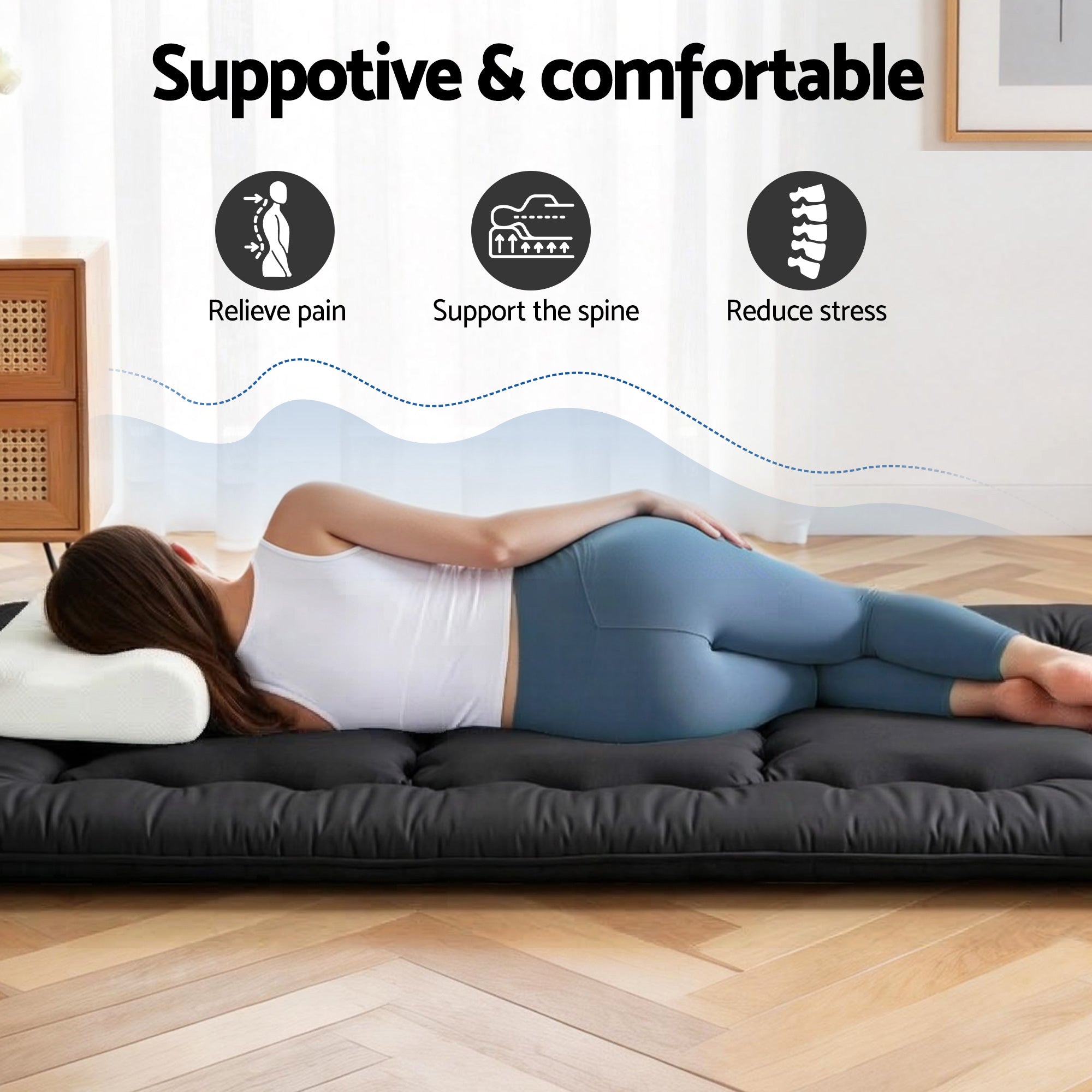 Giselle Bedding 10cm Japanese Floor Mattress Foldable Futon Mattress Washable Cover Straps FM-FUTON-100-10-BK