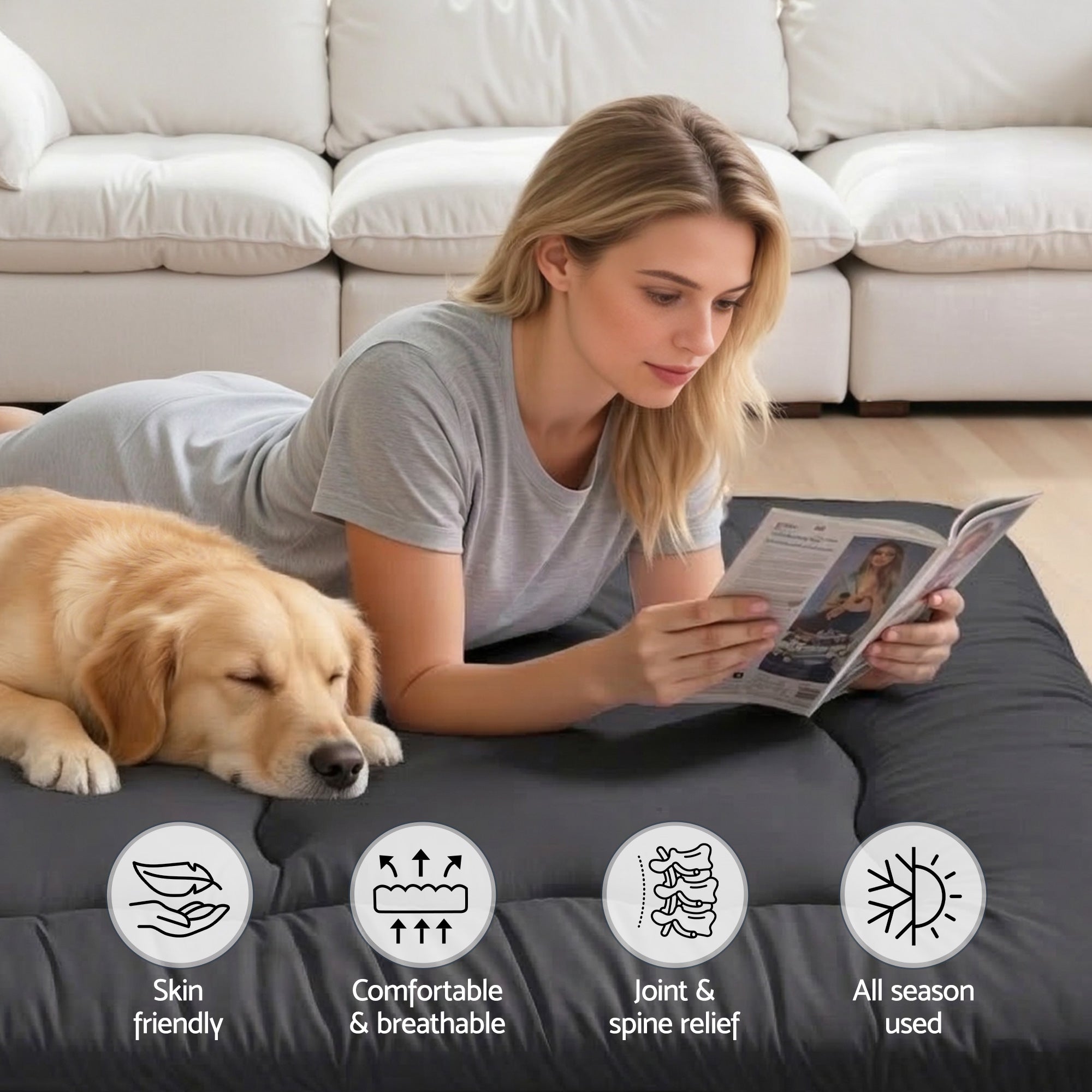 Giselle Bedding 10cm Japanese Floor Mattress Foldable Futon Mattress Washable Cover Straps FM-FUTON-100-10-BK