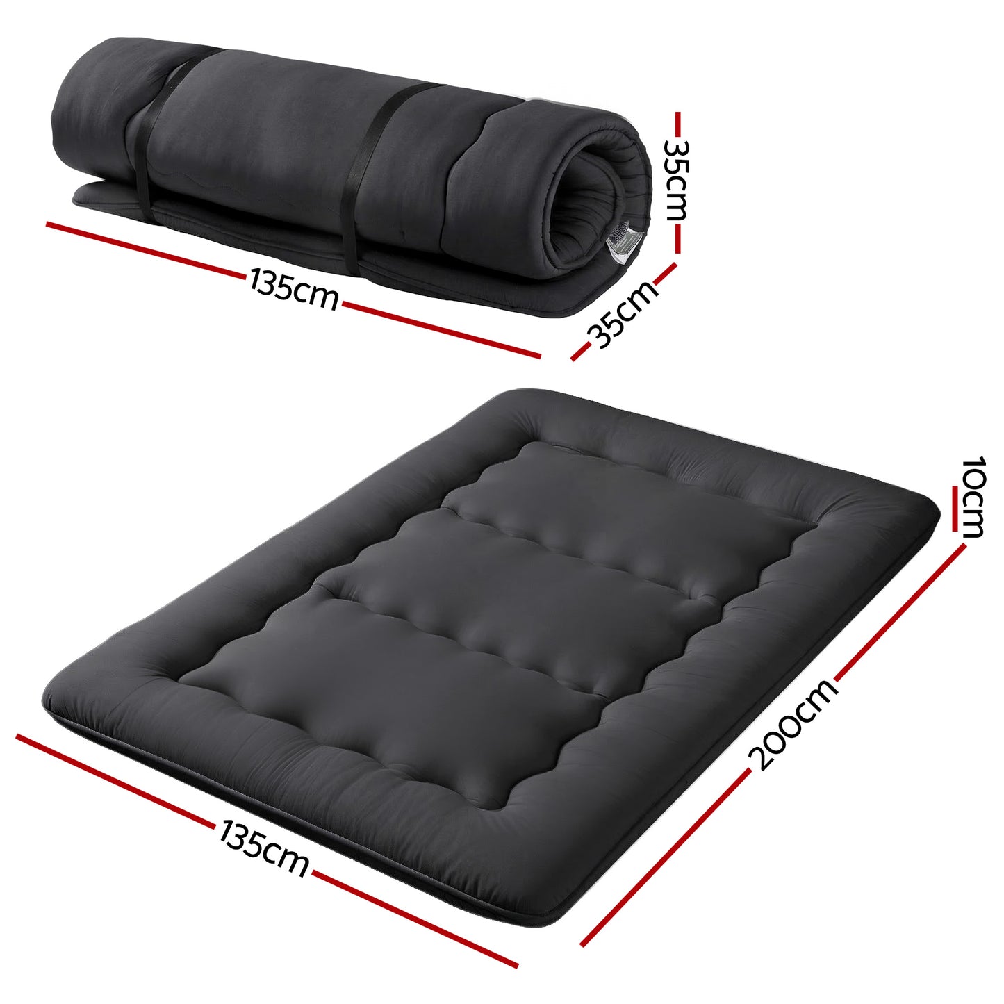 Giselle Bedding 10cm Japanese Floor Mattress Foldable Futon Mattress Washable Cover Straps FM-FUTON-135-10-BK