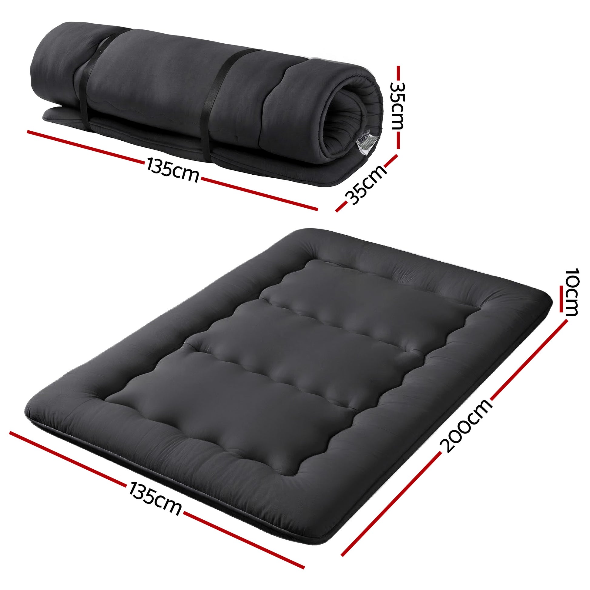 Giselle Bedding 10cm Japanese Floor Mattress Foldable Futon Mattress Washable Cover Straps FM-FUTON-135-10-BK