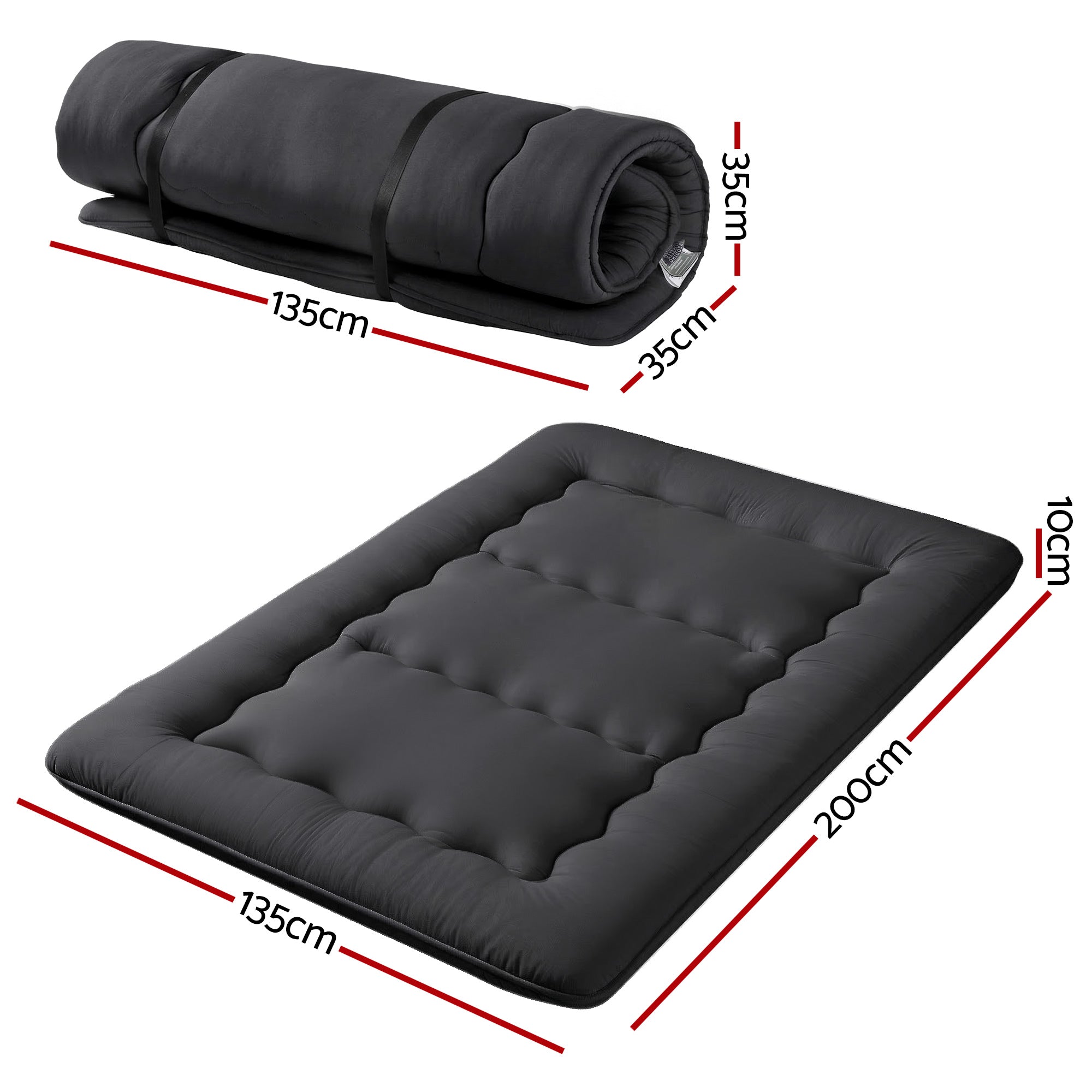 Giselle Bedding 10cm Japanese Floor Mattress Foldable Futon Mattress Washable Cover Straps FM-FUTON-135-10-BK