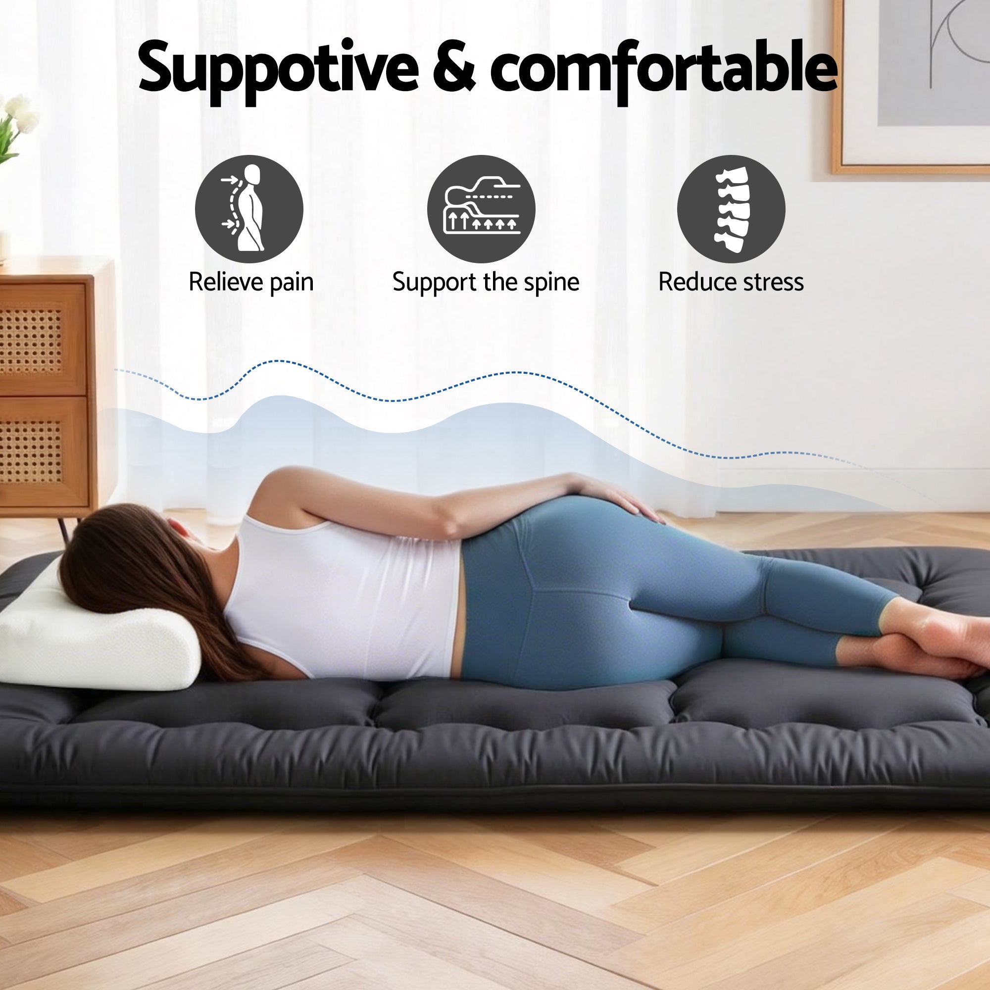 Giselle Bedding 10cm Japanese Floor Mattress Foldable Futon Mattress Washable Cover Straps FM-FUTON-135-10-BK