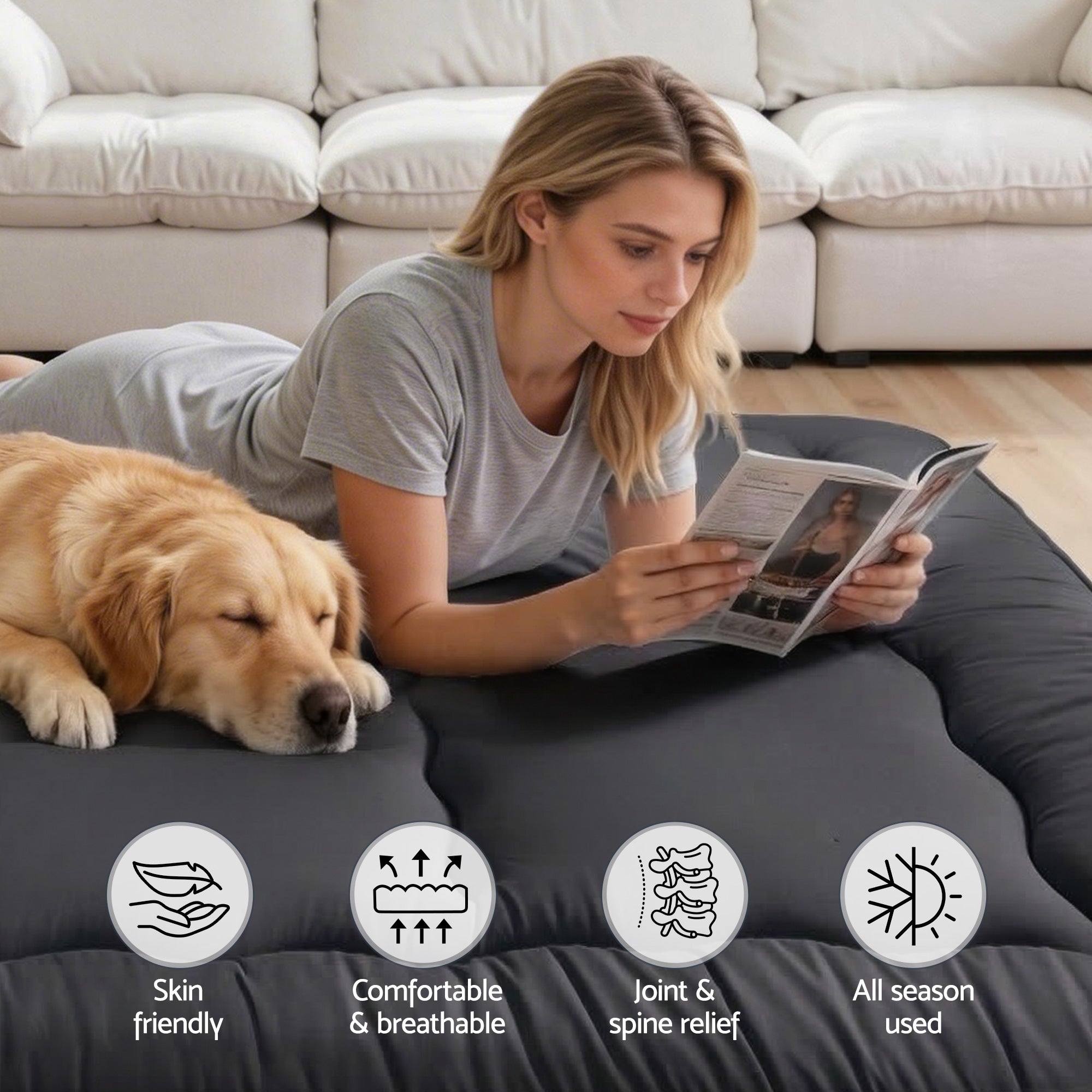 Giselle Bedding 10cm Japanese Floor Mattress Foldable Futon Mattress Washable Cover Straps FM-FUTON-135-10-BK