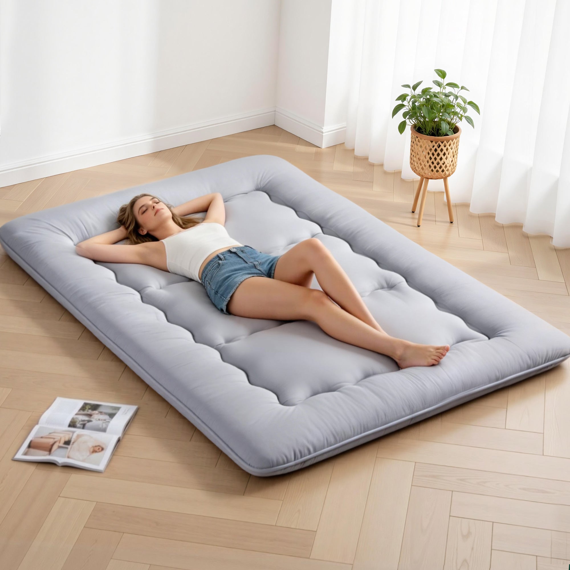 Giselle Bedding 10cm Japanese Floor Mattress Foldable Futon Mattress Washable Cover Straps FM-FUTON-135-10-GY