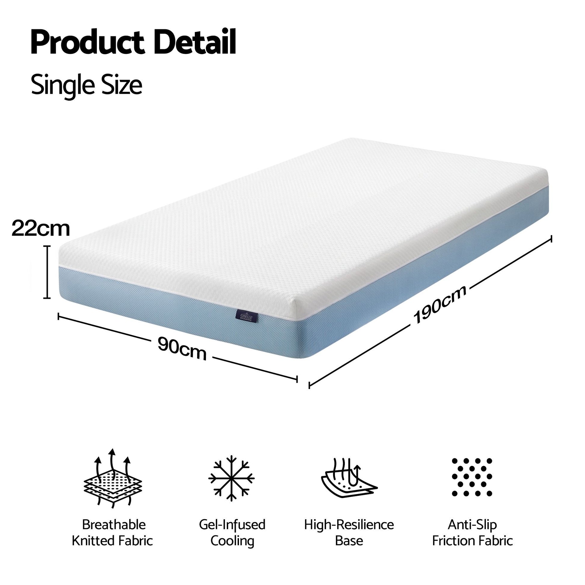 Giselle 22cm Cooling Gel Memory Foam Mattress Single Medium Firm FOAM-C-MFM-H022-S