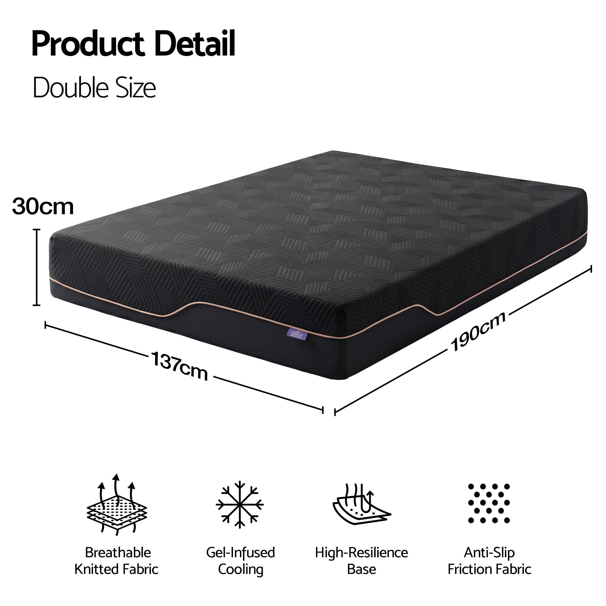 Giselle Double Cooling Memory Foam Mattress Medium Firm with Gel Comfort 30cm
