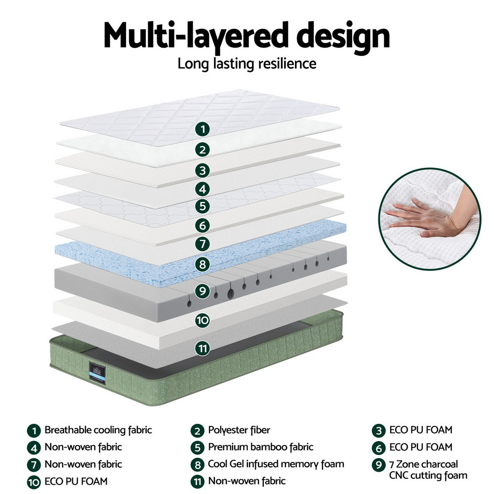 Giselle 25cm Memory Foam Mattress Dual Layer Zipper Cover Cool Charcoal Foam Mattresses Single FOAM-C-MFM-LEAF-H025-S
