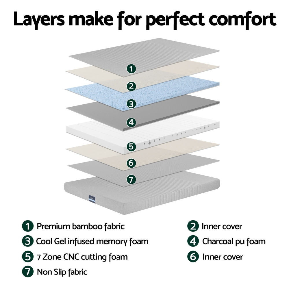 Giselle Bedding Cool Gel Memory Foam Mattress Charcoal 7-Zone Washable Bamboo Cover 15cm King Single FOAM-C-MFM-NOBLE-H015-KS