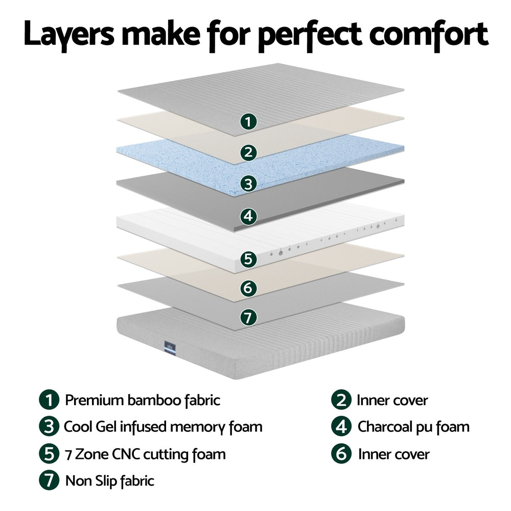 Giselle Bedding Cool Gel Memory Foam Mattress Charcoal 7-Zone Washable Bamboo Cover 15cm Queen FOAM-C-MFM-NOBLE-H015-Q