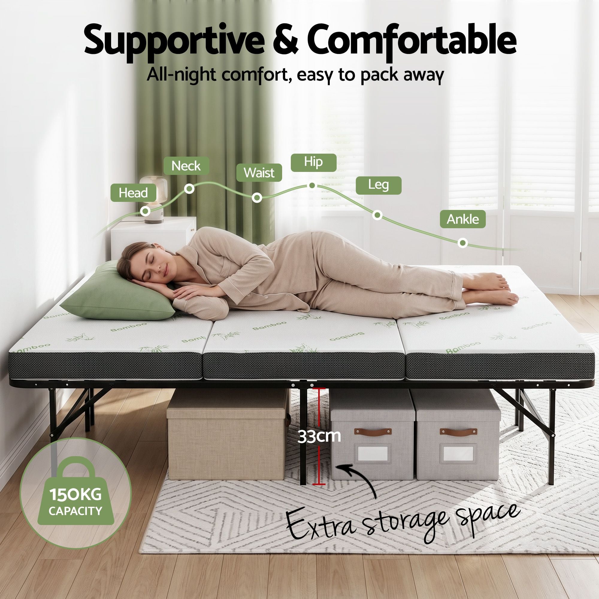 Giselle Folding Bed with Mattress Double Portable Foldable Guest Bed Bamboo Cover FOAM-MFM-BF-BAM-D
