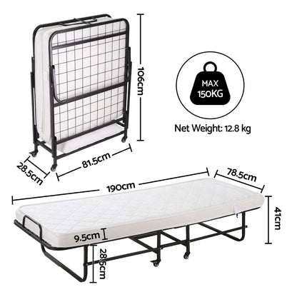 ARTISS Folding Bed with Mattress, Portable Rollaway 150kg Capacity 190CM