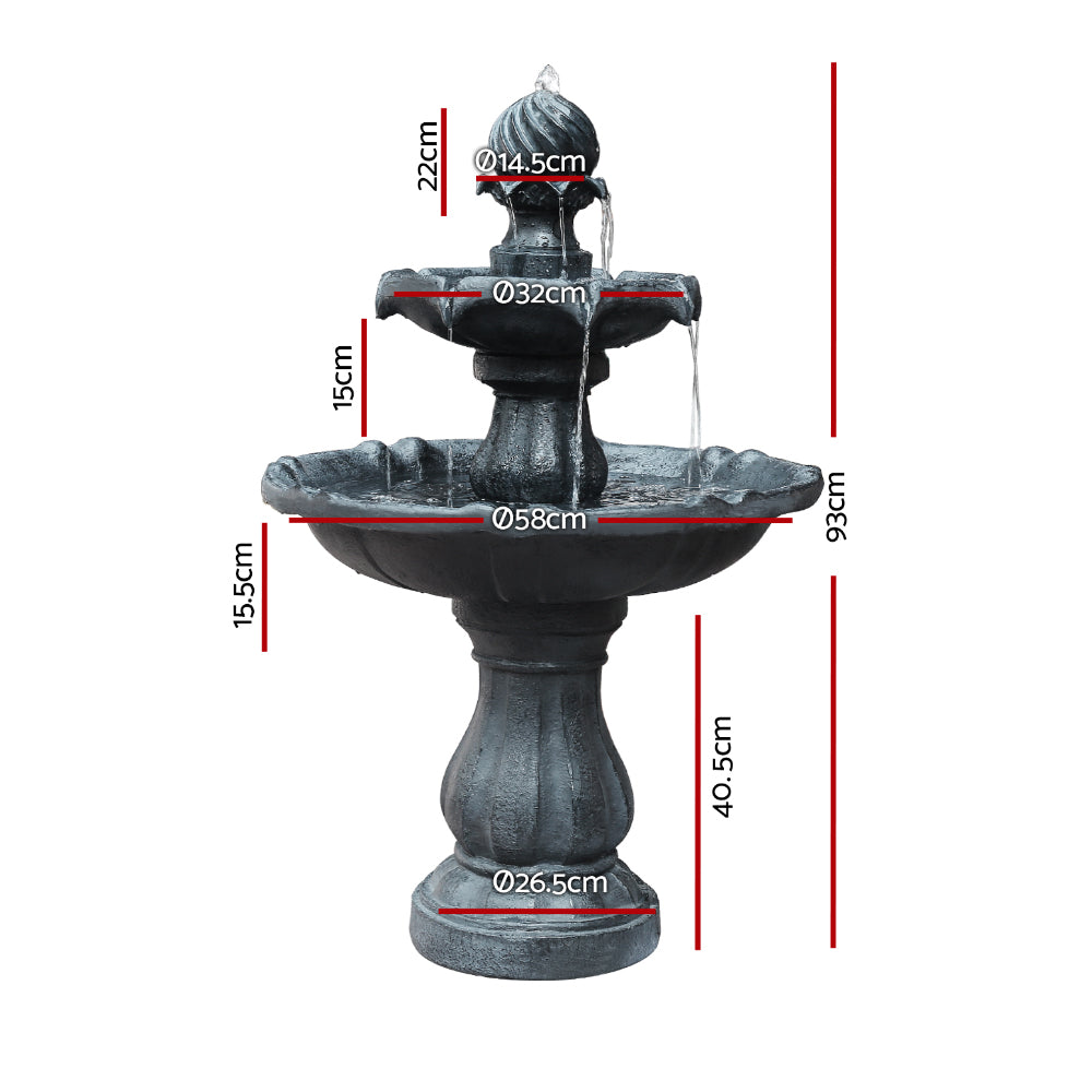 Gardeon Solar Water Feature 3-Tier Fountain with Pump Kit Bird Bath 93CM Black FOUNT-3LVL-BK