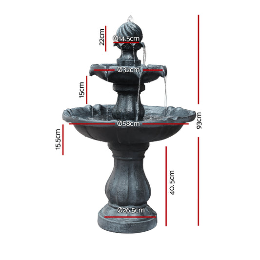Gardeon Solar Water Feature 3-Tier Fountain with Pump Kit Bird Bath 93CM Black FOUNT-3LVL-BK