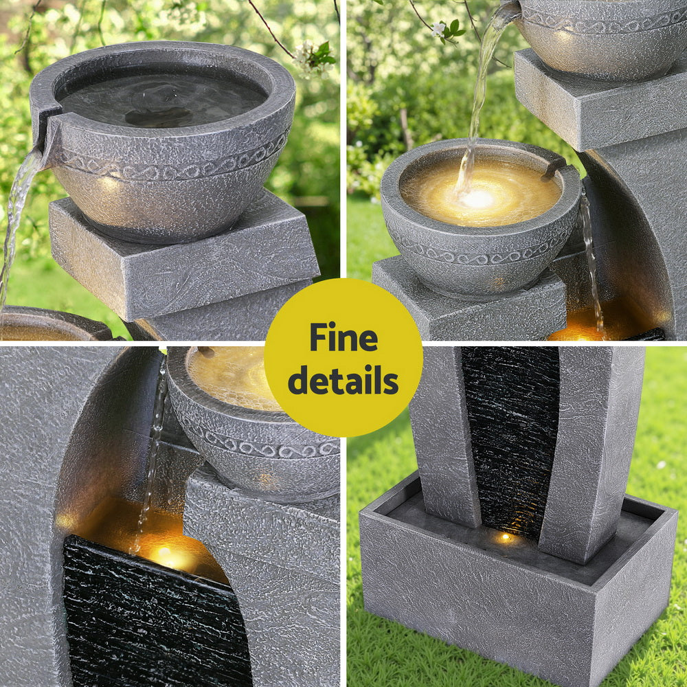 Gardeon Solar Fountain Water Feature Outdoor Fountain Indoor 3-Tier Cascading Grey FOUNT-B-MUSHROOM-2LVL-GR