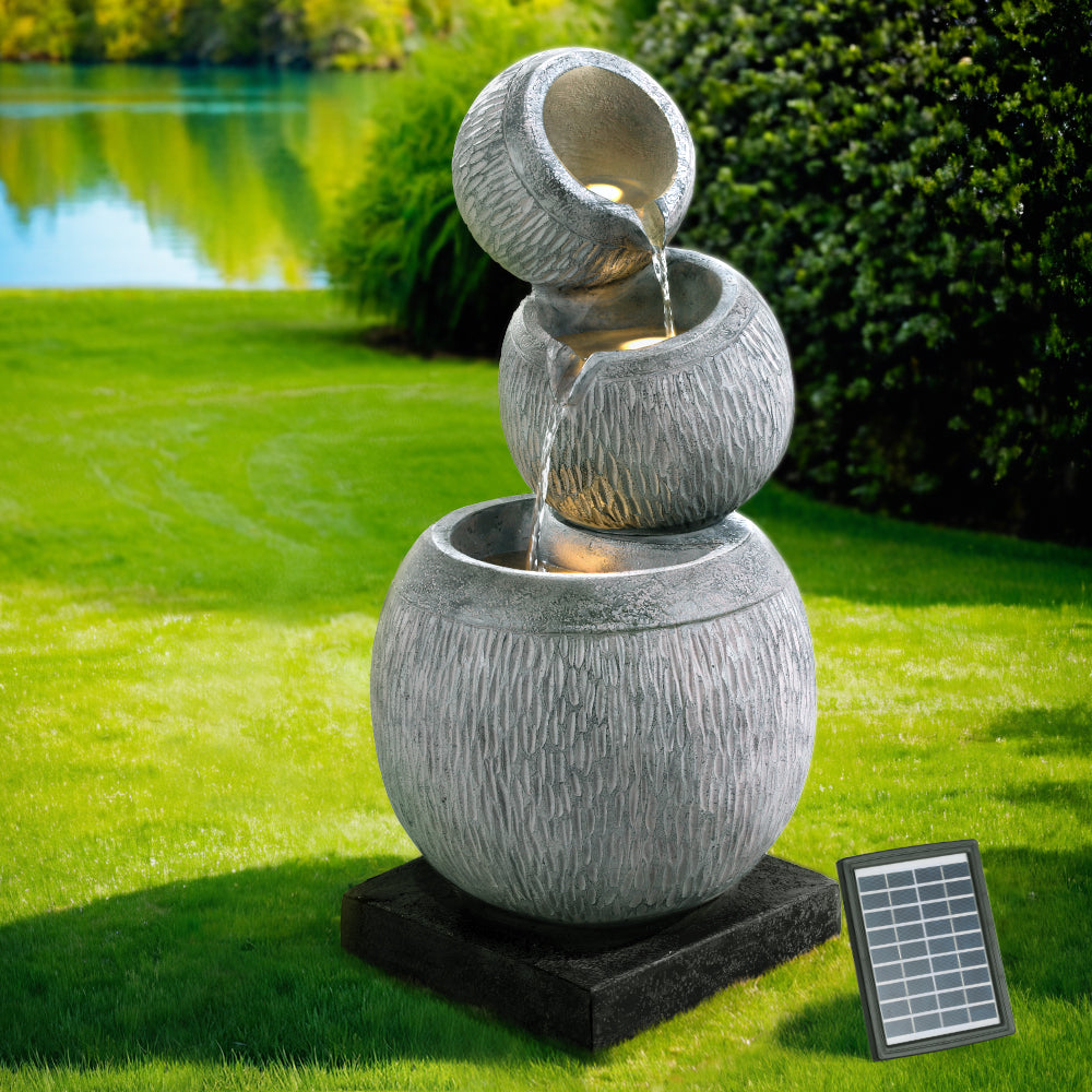 Gardeon Solar Fountain Water Feature Bird Bath Garden LED Light 80CM Grey FOUNT-BALL-3LVL-80-GY