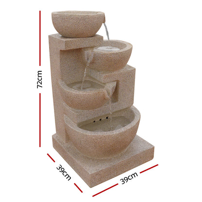 Gardeon Solar Water Feature Cascading Fountain 4-Tier Bowl LED Lights 72CM Sand FOUNT-BOWL-SAND