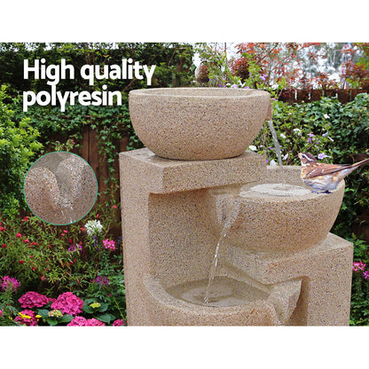 Gardeon Solar Water Feature Cascading Fountain 4-Tier Bowl LED Lights 72CM Sand FOUNT-BOWL-SAND