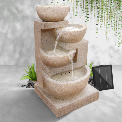Gardeon Solar Water Feature Cascading Fountain 4-Tier Bowl LED Lights 72CM Sand FOUNT-BOWL-SAND
