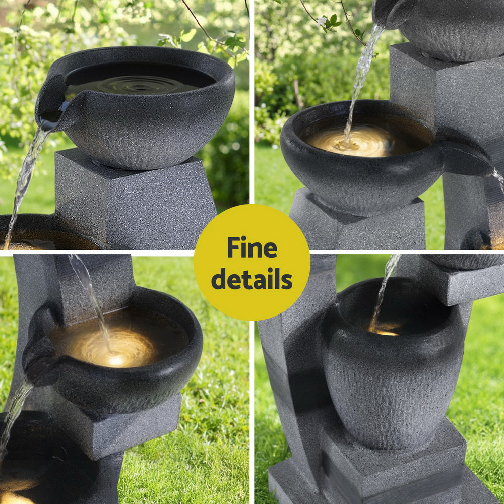 Gardeon Solar Fountain Water Feature Outdoor Fountain Indoor 4-Tier Bowl Cascading Grey FOUNT-MUSHROOM-4LVL-GR