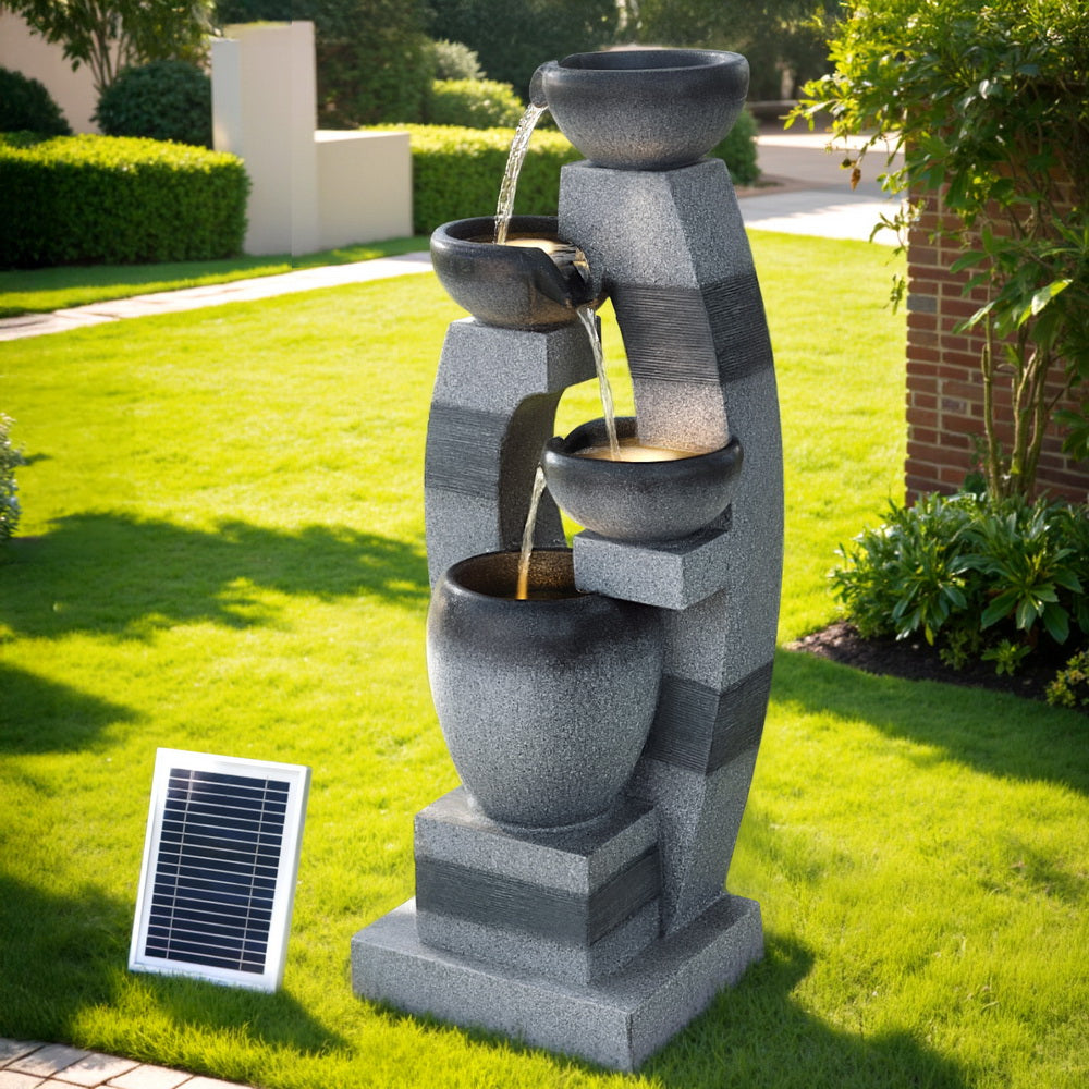 Gardeon Solar Fountain Water Feature Outdoor Fountain Indoor 4-Tier Bowl Cascading Grey FOUNT-MUSHROOM-4LVL-GR