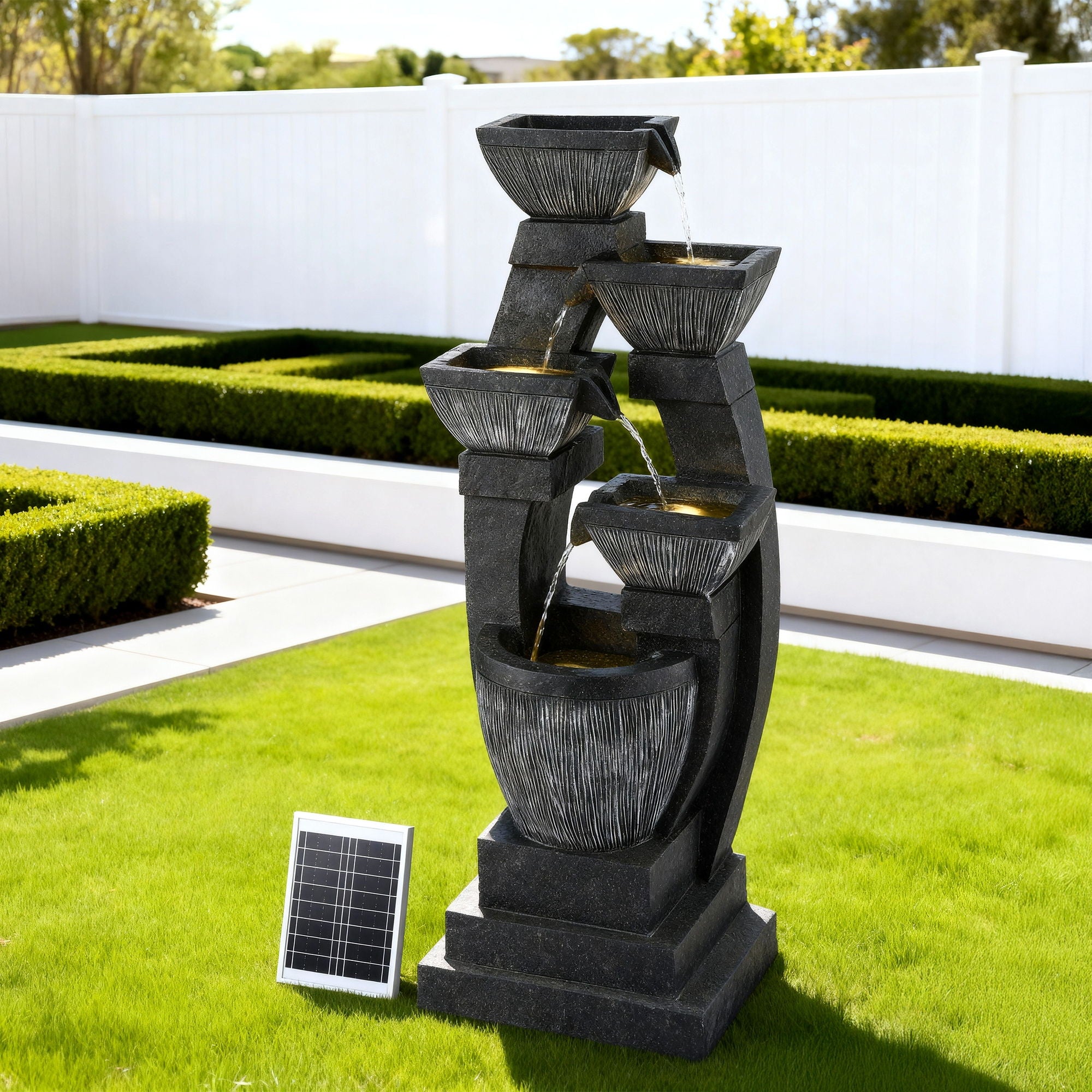 Gardeon Solar Fountain Water Feature Outdoor Fountain Indoor 5-Tier Bowl Cascading Grey FOUNT-MUSHROOM-5LVL-BK