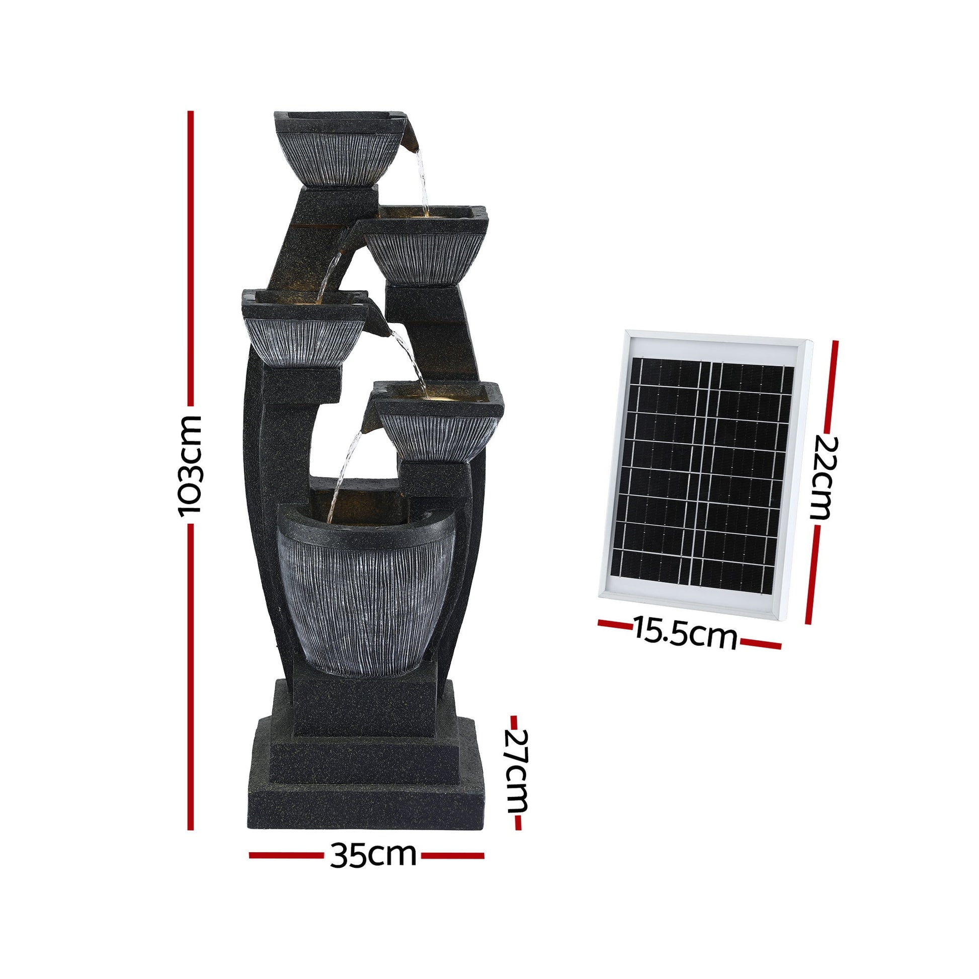 Gardeon Solar Fountain Water Feature Outdoor Fountain Indoor 5-Tier Bowl Cascading Grey FOUNT-MUSHROOM-5LVL-BK