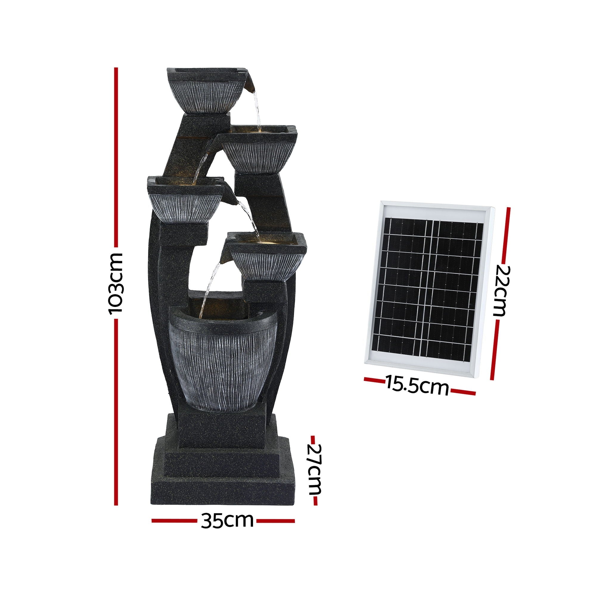 Gardeon Solar Fountain Water Feature Outdoor Fountain Indoor 5-Tier Bowl Cascading Grey FOUNT-MUSHROOM-5LVL-BK