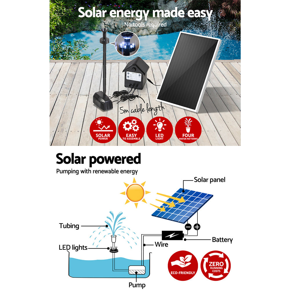 Gardeon Solar Pond Pump Submersible Water Fountain with Battery Kit LED Lights 4FT FOUNT-POND-B-35-DX250