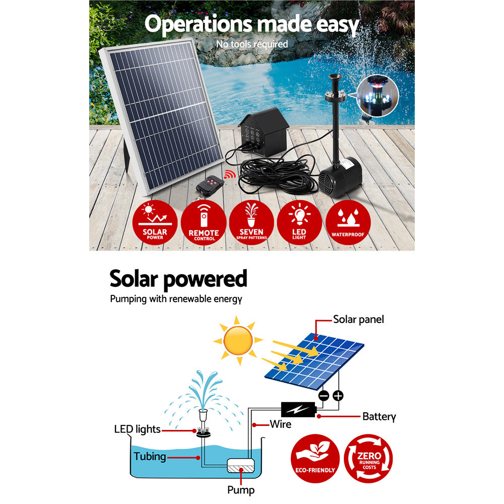 Gardeon Solar Pond Pump with Battery Kit LED Lights 8.8 FT FOUNT-POND-C-DX120