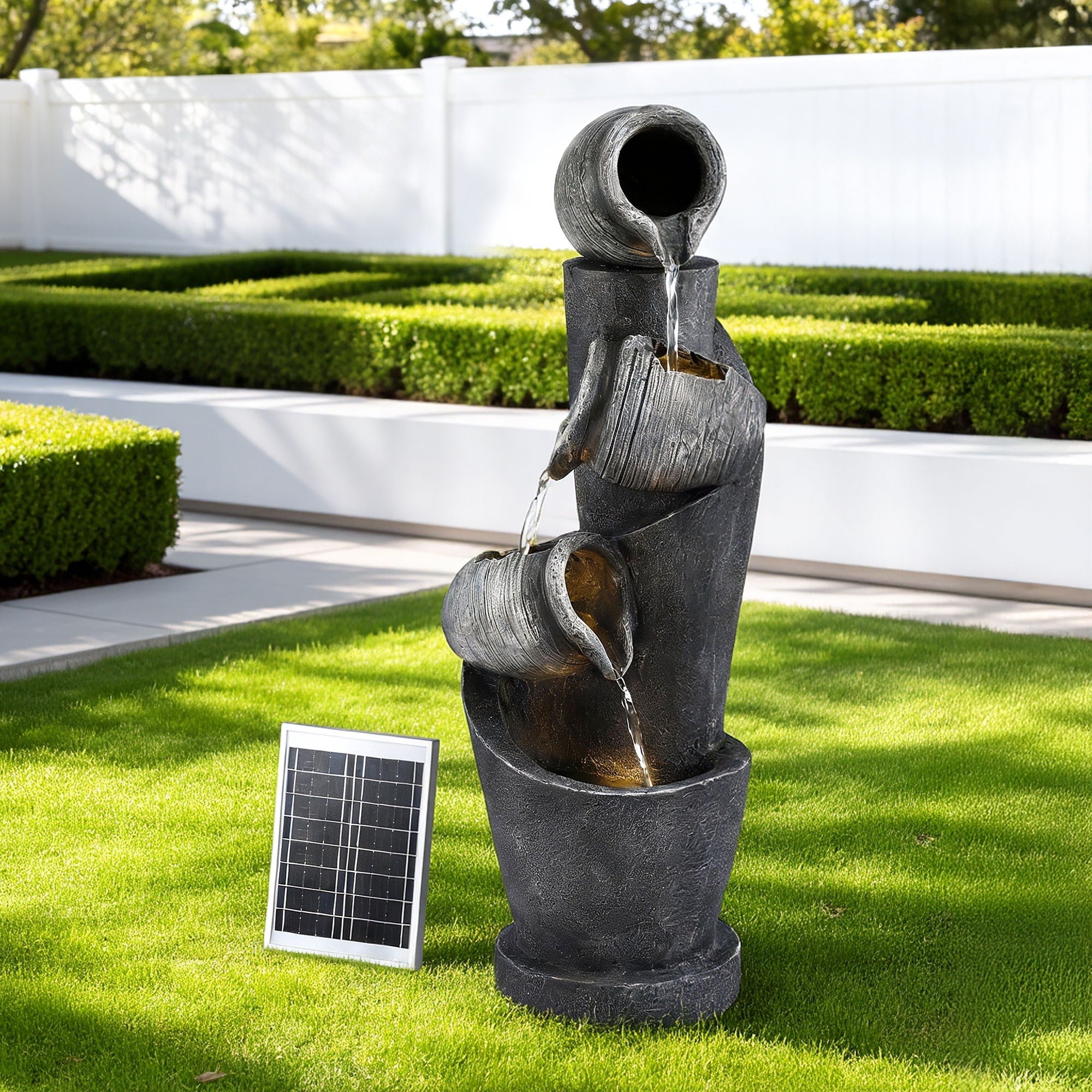 Gardeon Solar Fountain Water Feature Cascading Fountain 3-Tier Pot LED Lights 80CM Grey FOUNT-POT-4LVL-GRBG