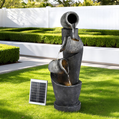 Gardeon Solar Fountain Water Feature Cascading Fountain 3-Tier Pot LED Lights 80CM Grey FOUNT-POT-4LVL-GRBG