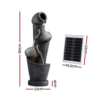 Gardeon Solar Fountain Water Feature Cascading Fountain 3-Tier Pot LED Lights 80CM Grey FOUNT-POT-4LVL-GRBG