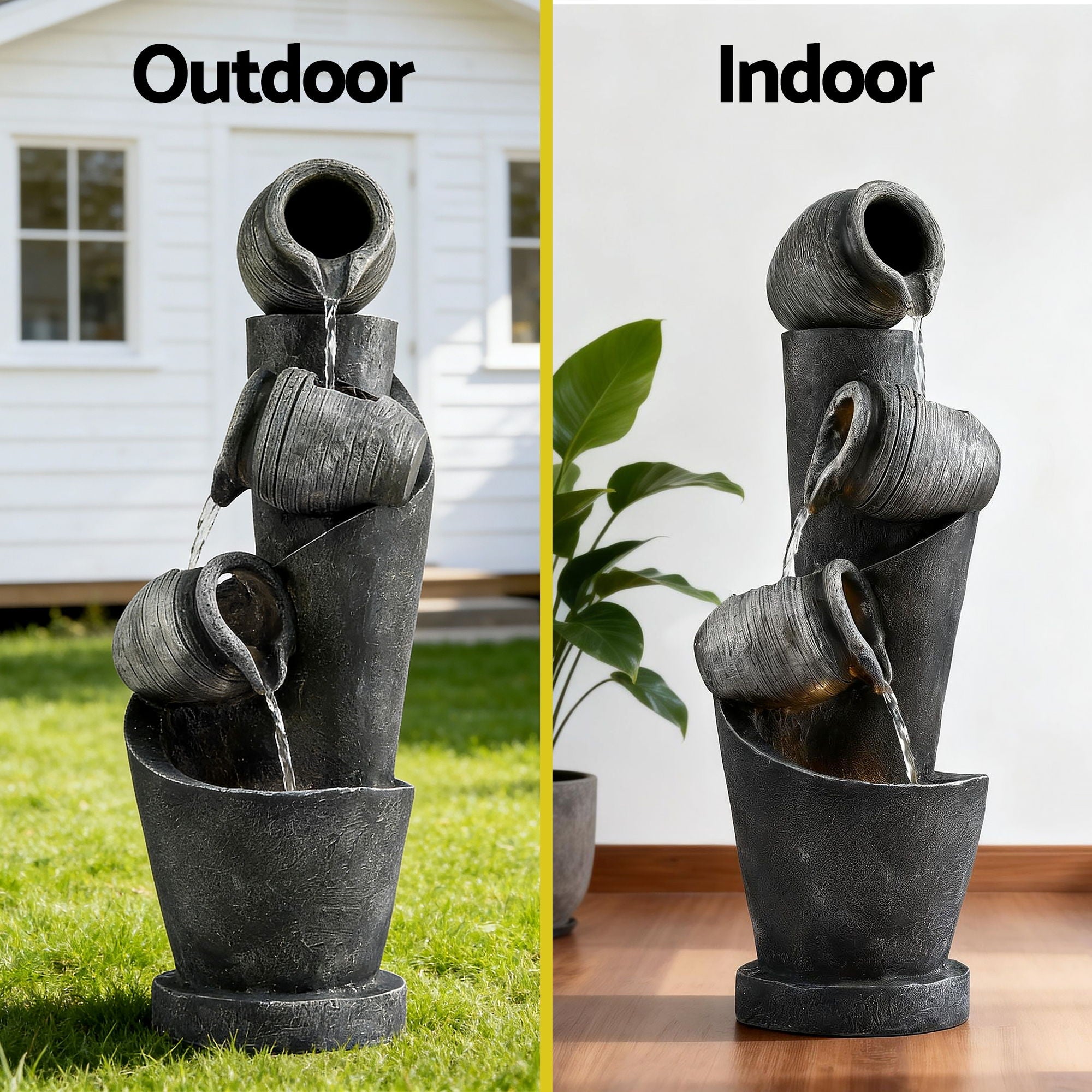 Gardeon Solar Fountain Water Feature Cascading Fountain 3-Tier Pot LED Lights 80CM Grey FOUNT-POT-4LVL-GRBG
