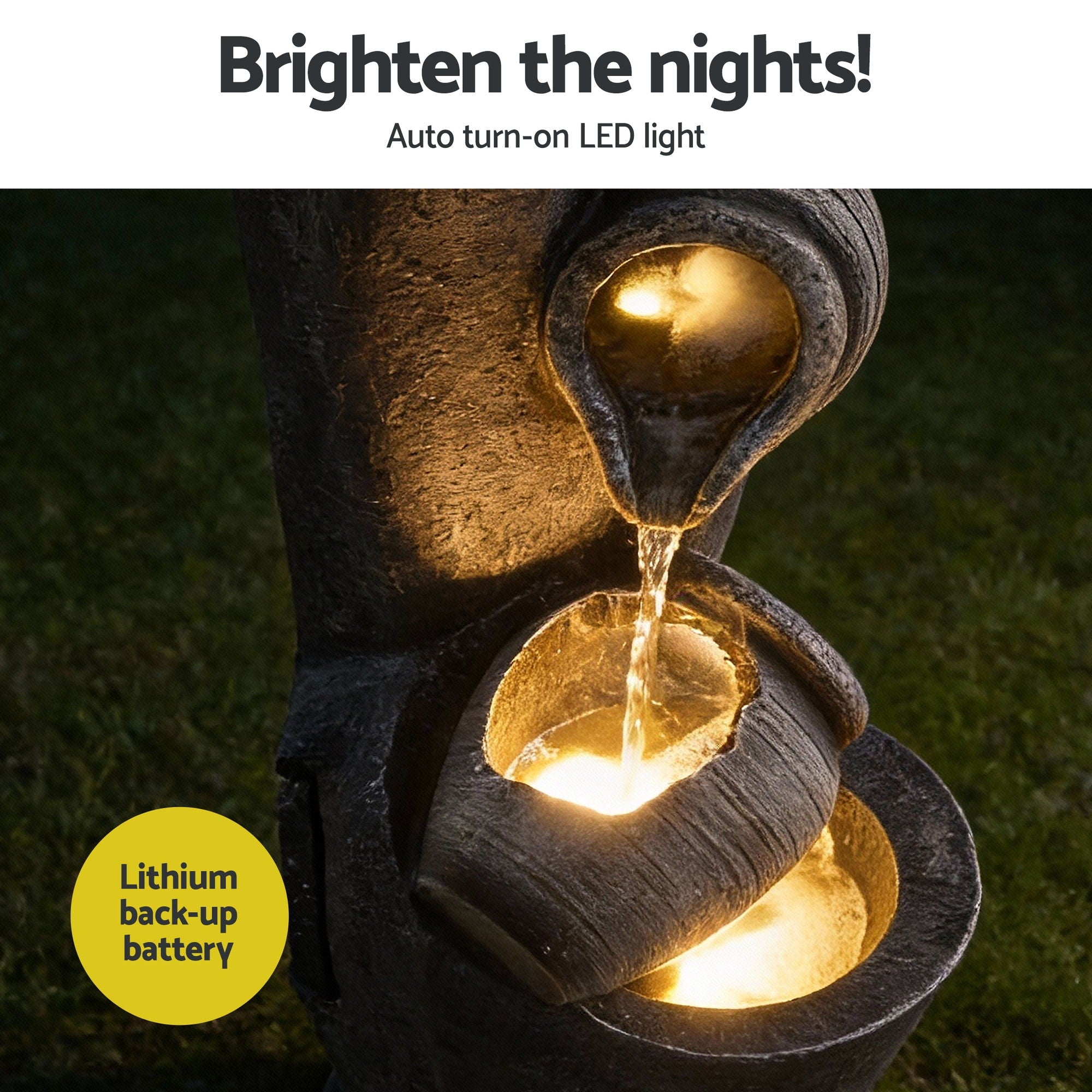 Gardeon Solar Fountain Water Feature Cascading Fountain 3-Tier Pot LED Lights 80CM Grey FOUNT-POT-4LVL-GRBG