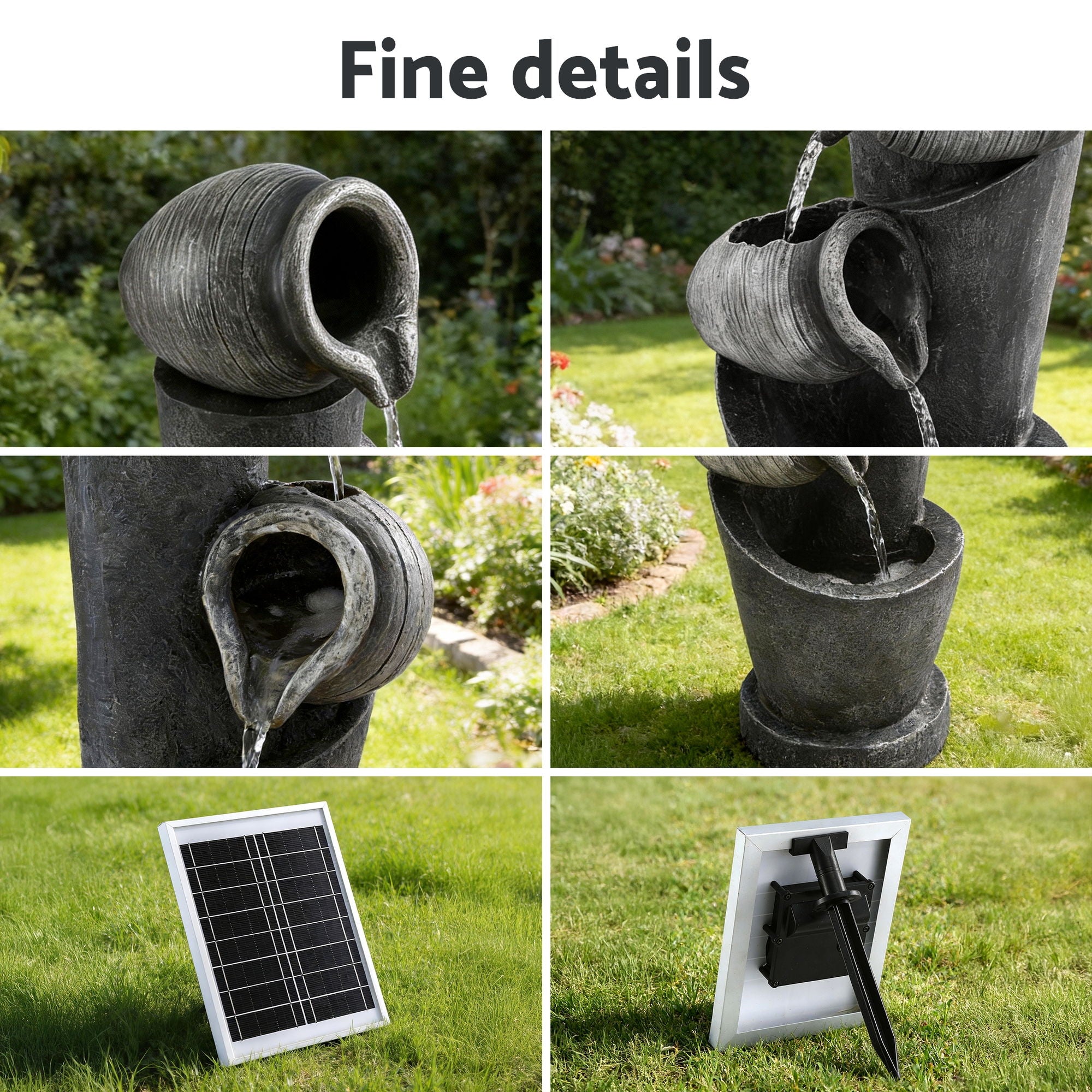 Gardeon Solar Fountain Water Feature Cascading Fountain 3-Tier Pot LED Lights 80CM Grey FOUNT-POT-4LVL-GRBG