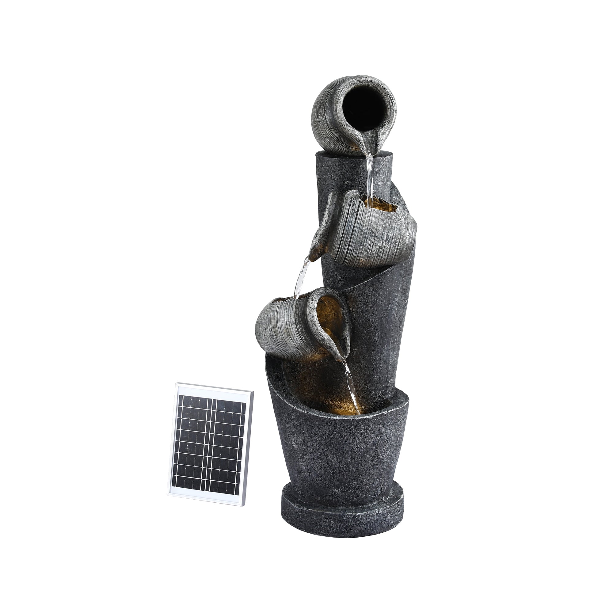Gardeon Solar Fountain Water Feature Cascading Fountain 3-Tier Pot LED Lights 80CM Grey FOUNT-POT-4LVL-GRBG