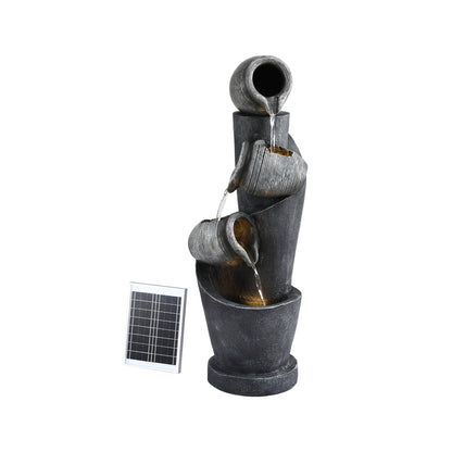 Gardeon Solar Fountain Water Feature Cascading Fountain 3-Tier Pot LED Lights 80CM Grey FOUNT-POT-4LVL-GRBG