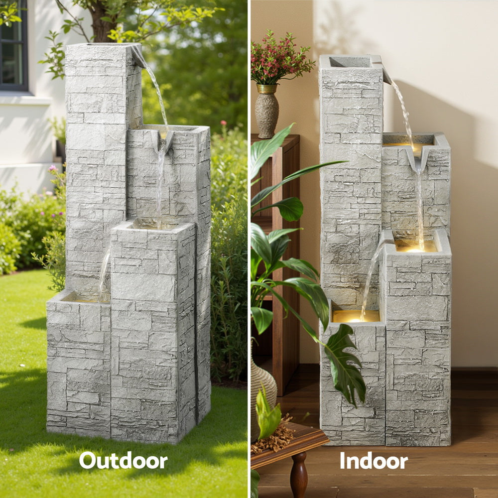 Gardeon Solar Fountain Water Feature Outdoor Indoor 4-Tier Square Cascading Beige FOUNT-SQUARE-4LVL-BG