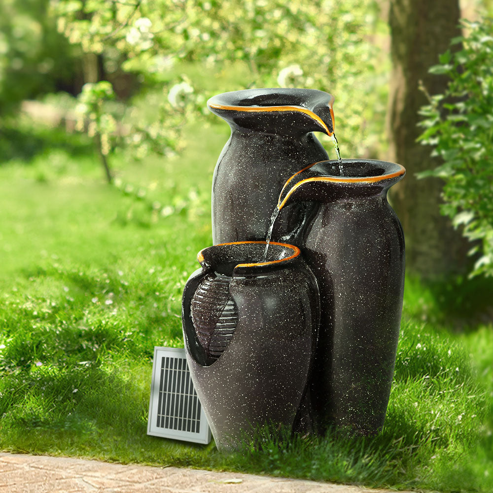 Gardeon Solar Fountain Water Fountain Feature Cascading Fountain LED Lights 76CM Grey FOUNT-STEAN-3LVL-BR