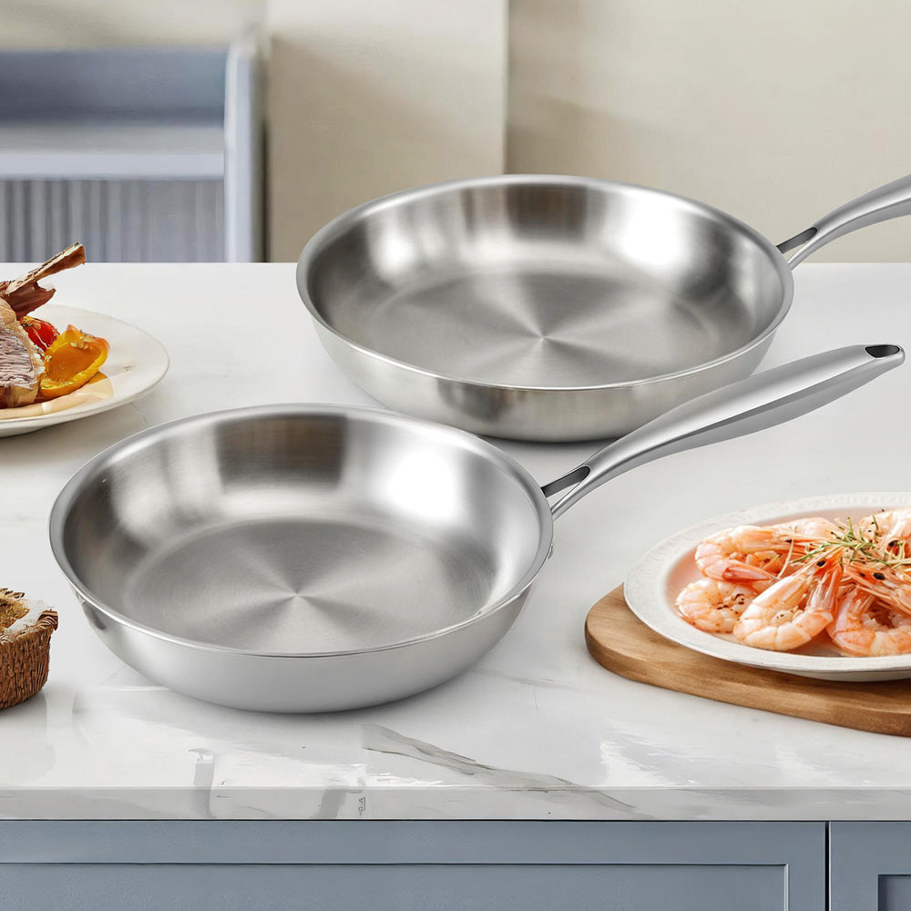 5-star Chef Frying Pan Stainless Steel Uncoated Twin Frypan Set 25/30cm Silver FP-2SET-SI