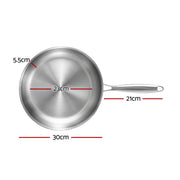 5-Star Chef 30cm Stainless Steel Frying Pan Uncoated Frypan with Tri-Ply Body Silver FP-SI-28CM