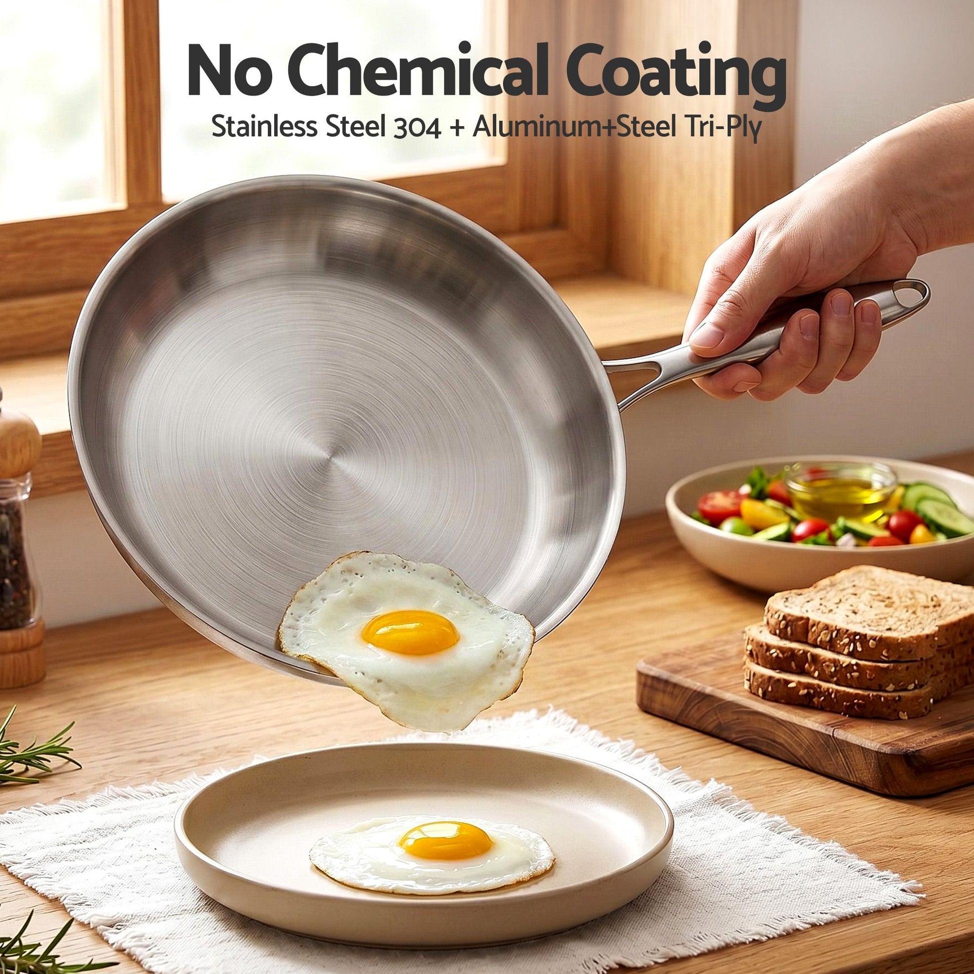 5-Star Chef 30cm Stainless Steel Frying Pan Uncoated Frypan with Tri-Ply Body Silver FP-SI-28CM