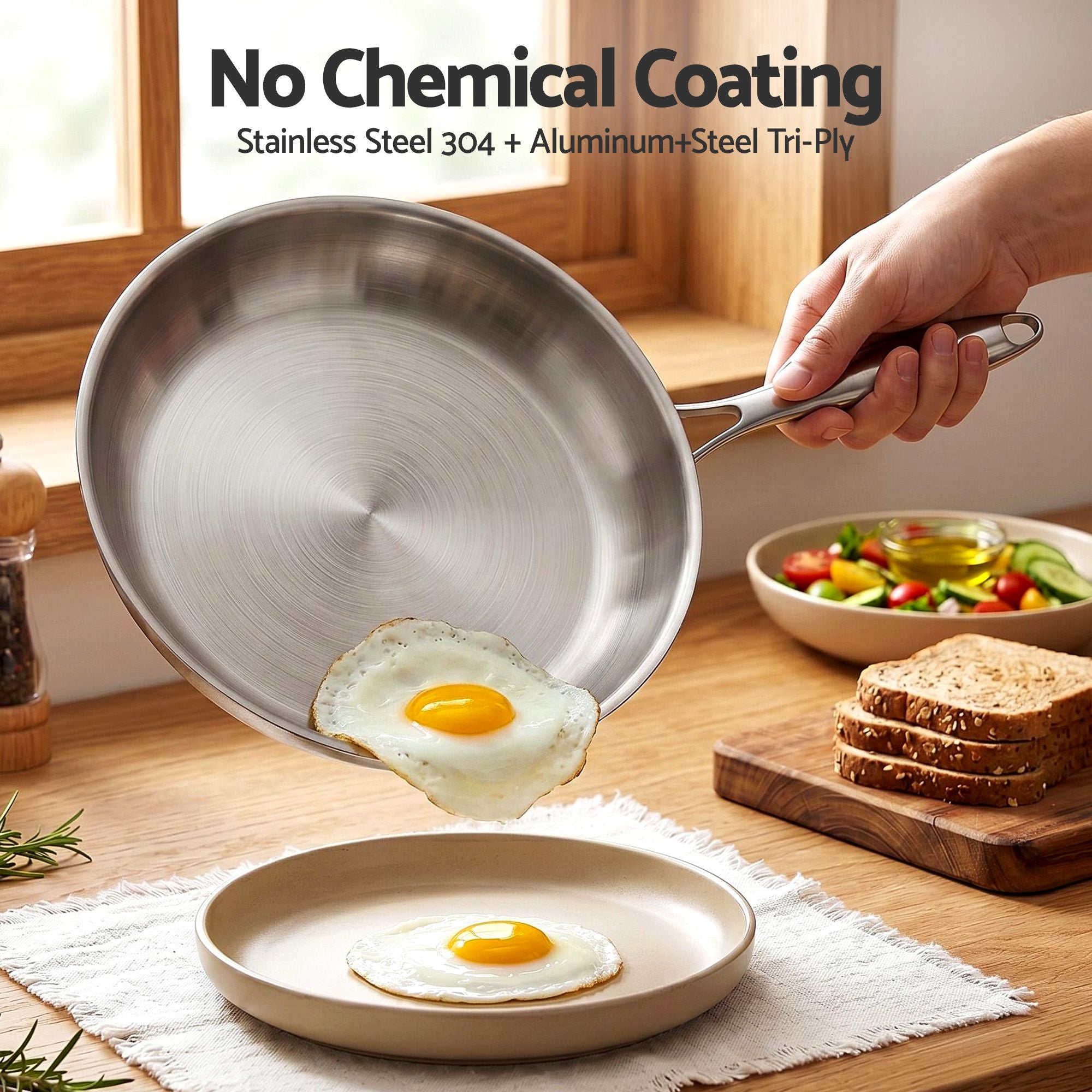 5-Star Chef 30cm Stainless Steel Frying Pan Uncoated Frypan with Tri-Ply Body Silver FP-SI-28CM