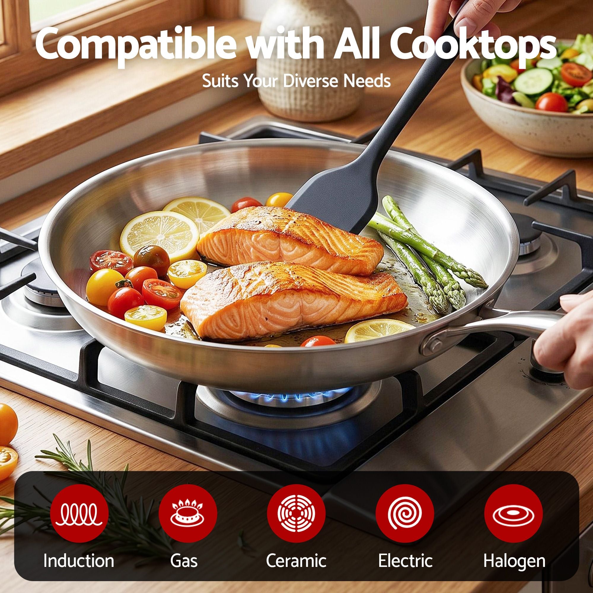 5-Star Chef 30cm Stainless Steel Frying Pan Uncoated Frypan with Tri-Ply Body Silver FP-SI-28CM