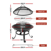 Grillz Fire Pit with Mesh Lid and Fire Picker BBQ Grill Wood Burning Outdoor Camping FPIT-YH-BBQ-2IN1-55