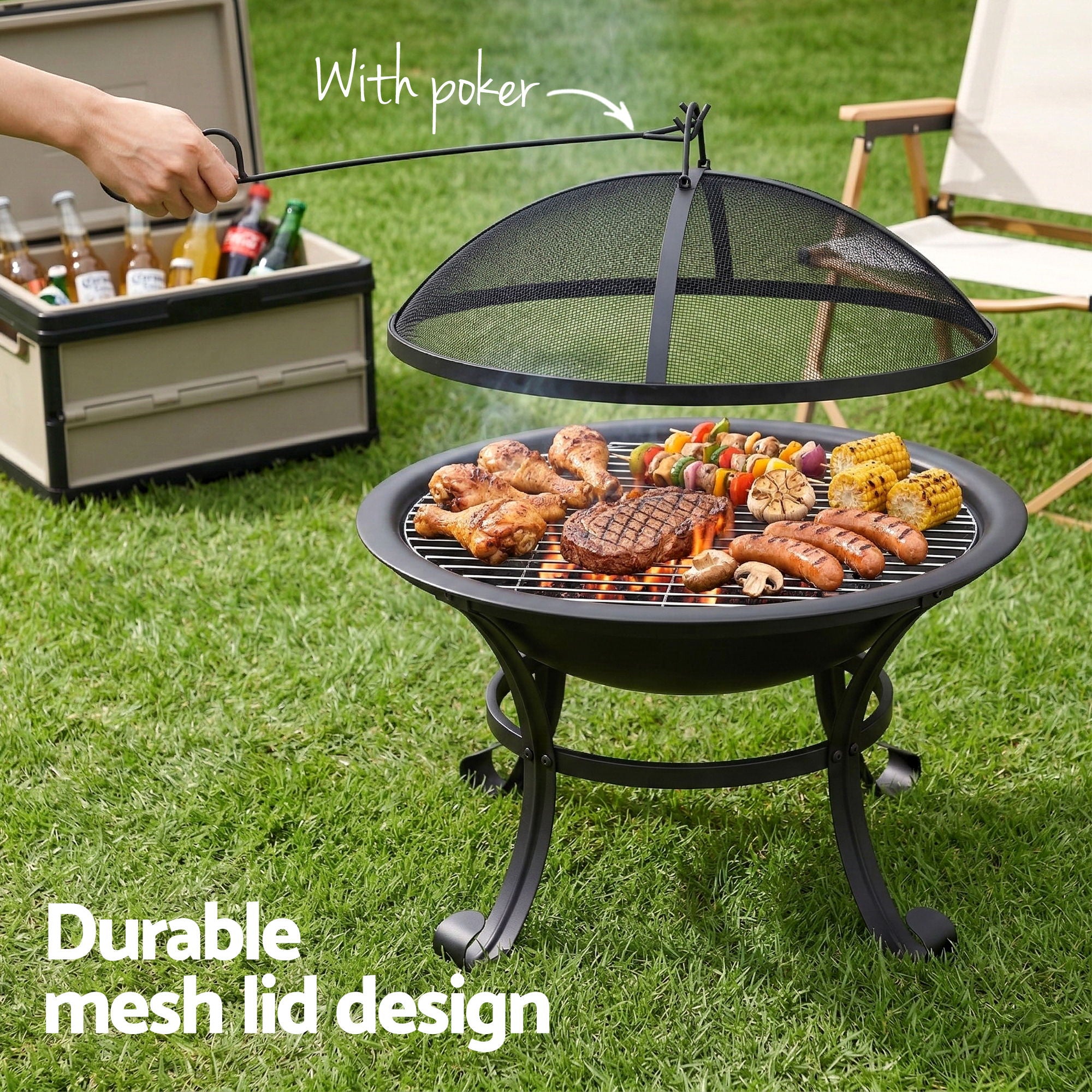Grillz Fire Pit with Mesh Lid and Fire Picker BBQ Grill Wood Burning Outdoor Camping FPIT-YH-BBQ-2IN1-55
