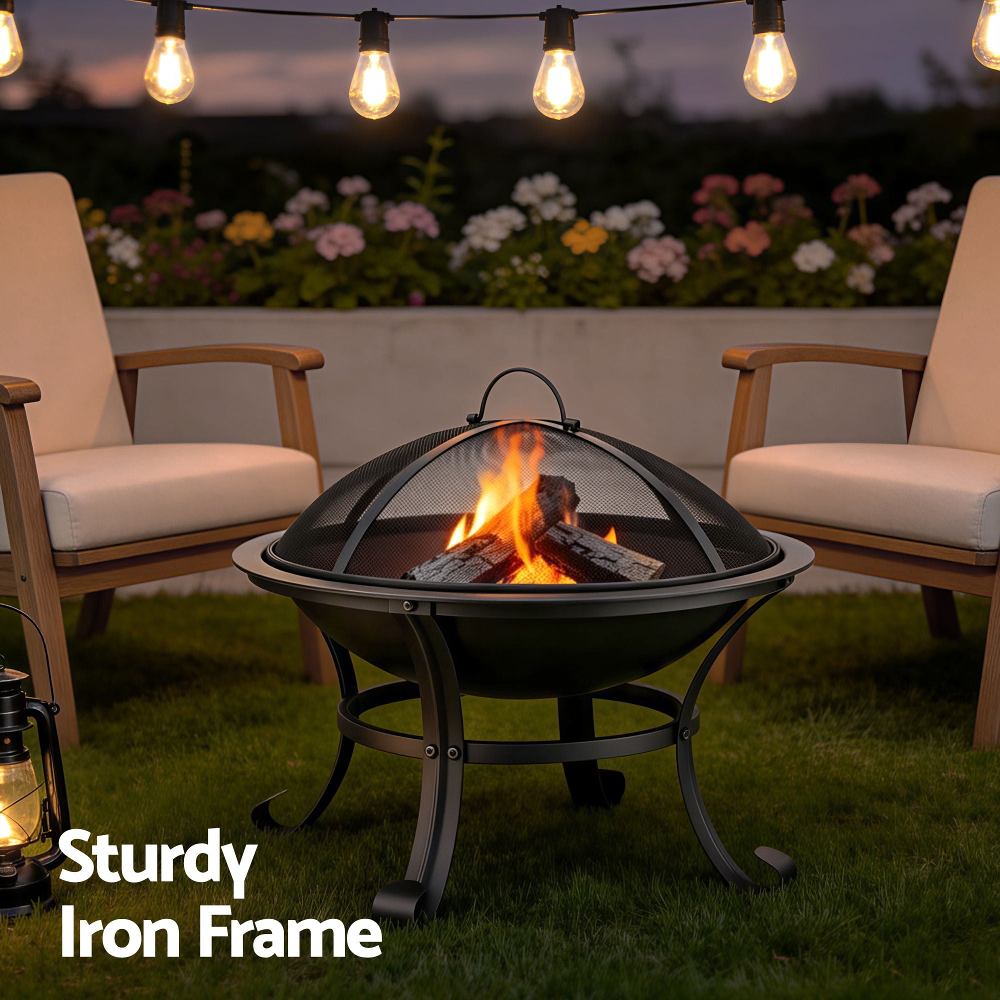 Grillz Fire Pit with Mesh Lid and Fire Picker BBQ Grill Wood Burning Outdoor Camping FPIT-YH-BBQ-2IN1-55