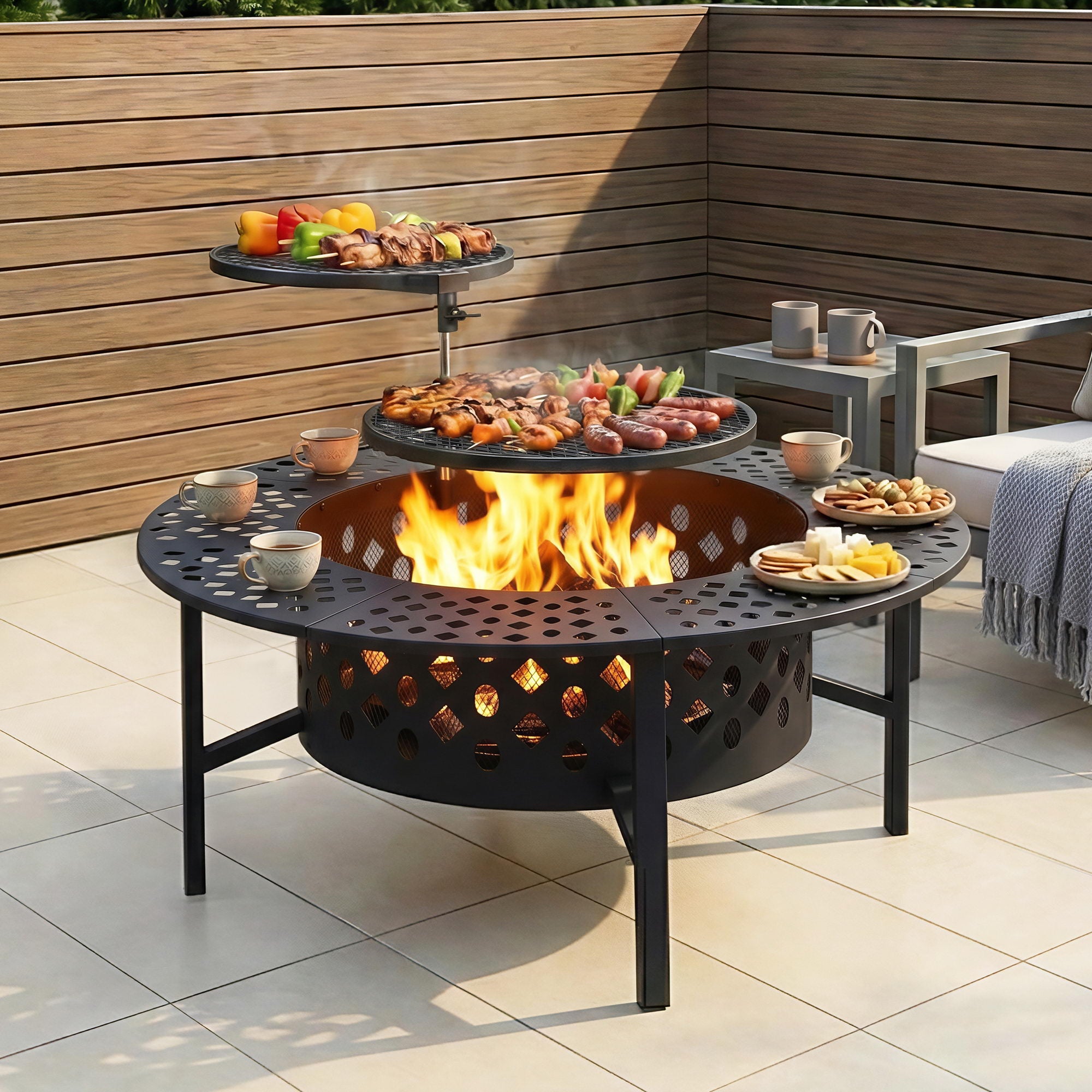 Grillz Fire Pit BBQ Charcoal Smoker Portable Mesh Pits Outdoor Camping Fireplace FPIT-YH-BBQ-3IN1-DESK
